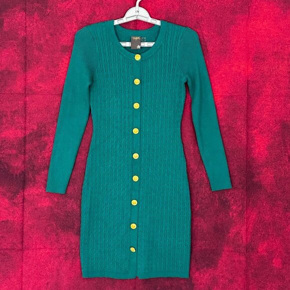 Tailor Vintage Sweaters - TAYLOR WOMEN'S SIZE S-SMALL GREEN CABLE-KNIT SWEATER DRESS GOLD BUTTON STRETCH